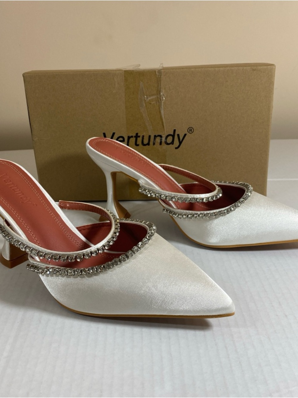 Embellished White Satin Mules Sandals with Rhinestones Straps